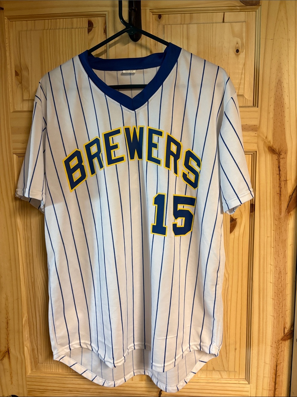 Brewers Pinstripe Baseball Jersey - White with Blue & Yellow Accents